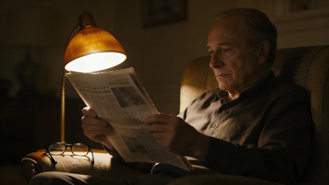 Older man tilting a newspaper toward a single table lamp in a dim living room