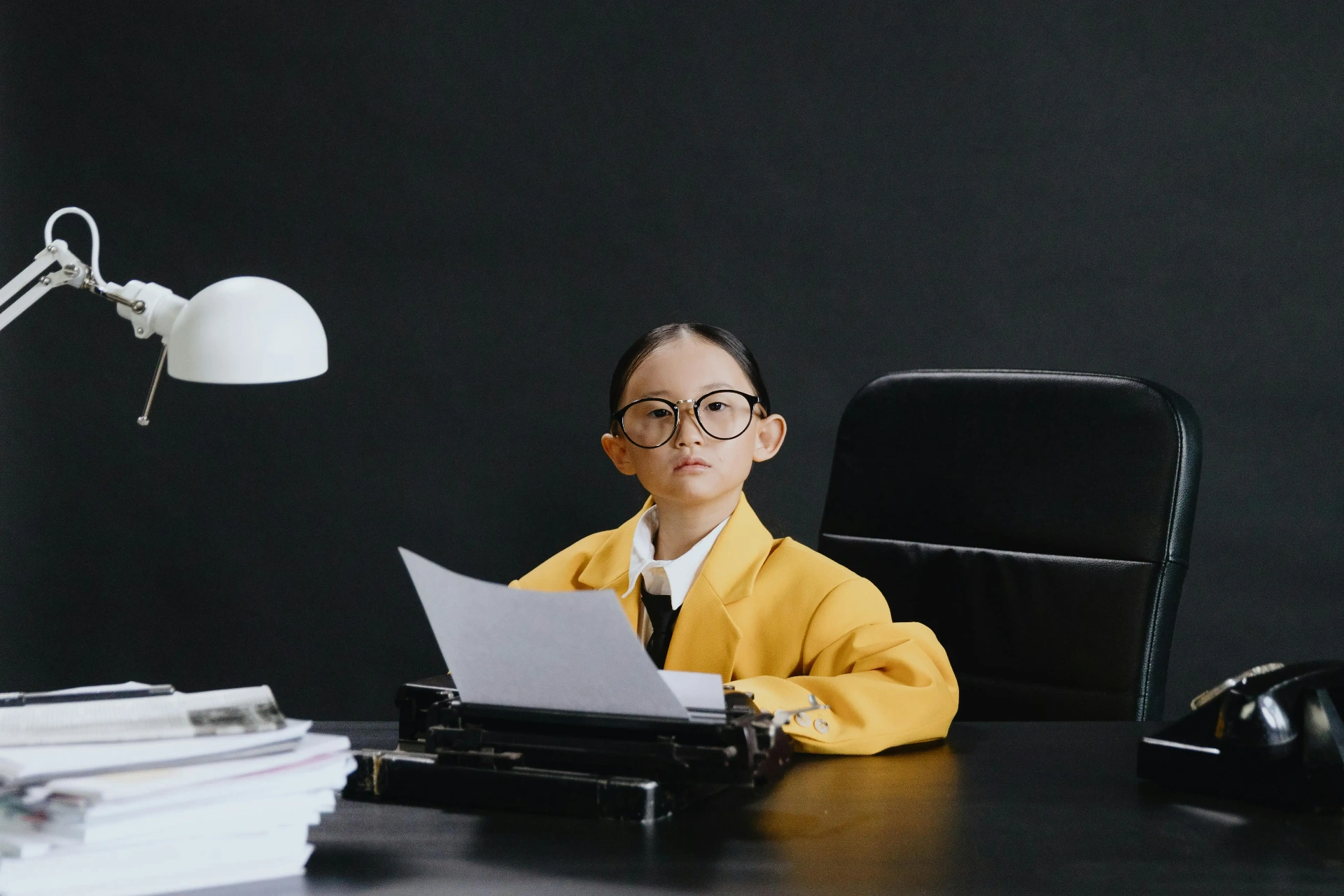 Young child sitting at a desk with a typewriter, looking serious