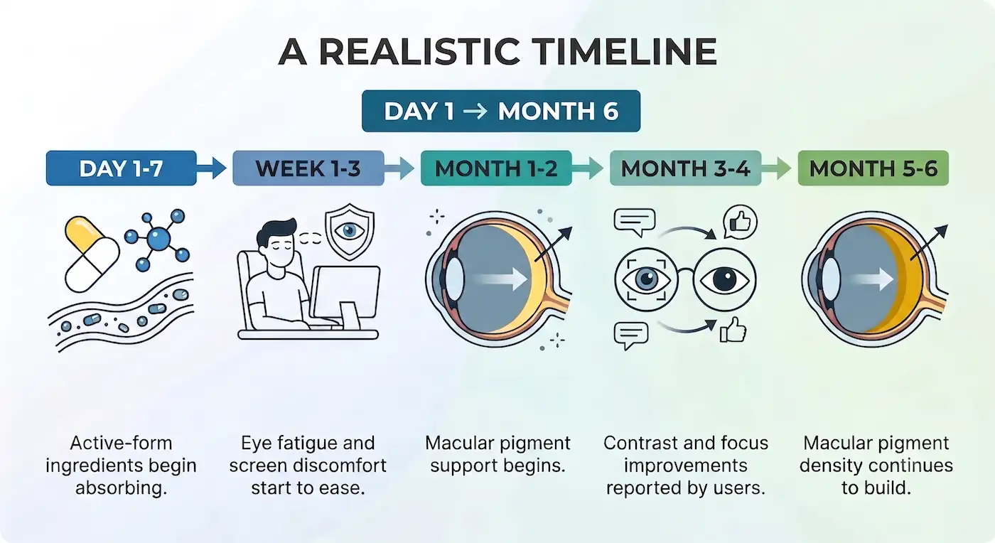 A realistic timeline showing benefits from Day 1 to Month 6