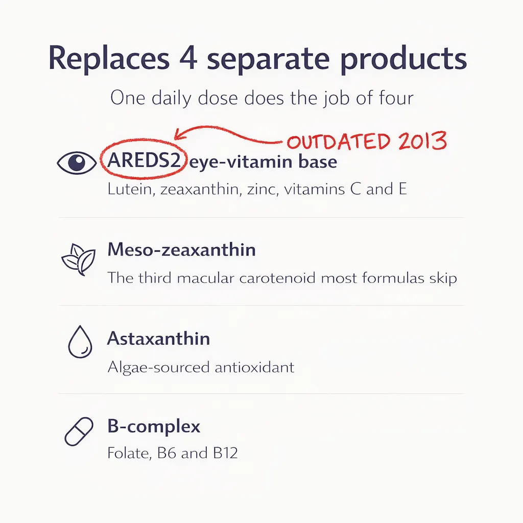 Replaces 4 separate products: AREDS2 eye-vitamin base, meso-zeaxanthin, astaxanthin and B-complex in one daily dose