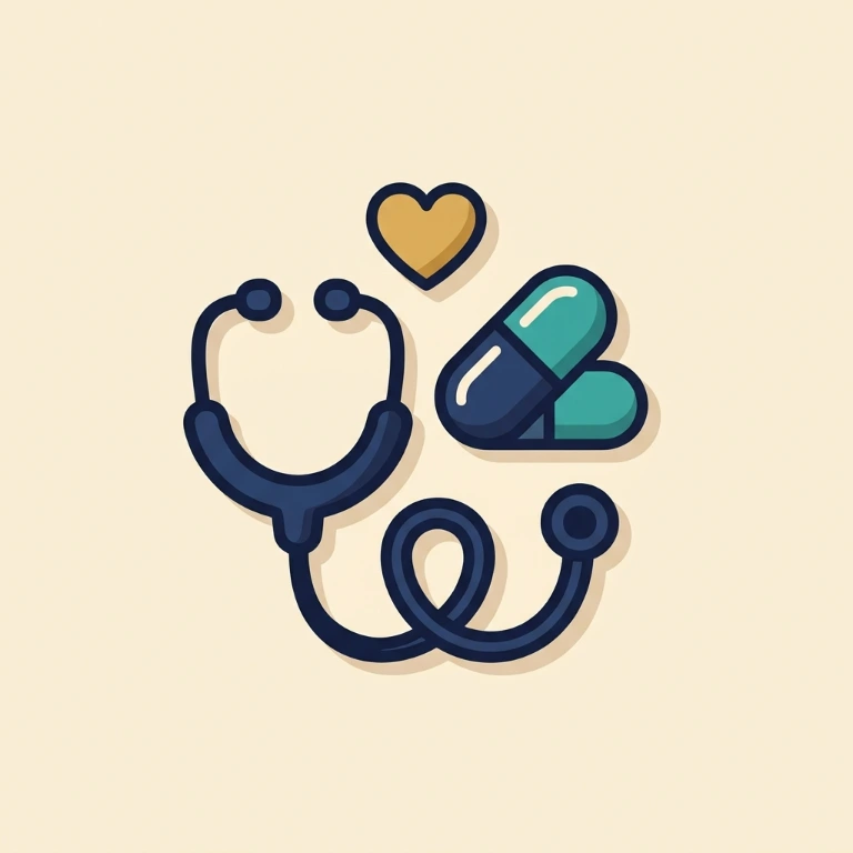 Illustration of a stethoscope beside two capsules