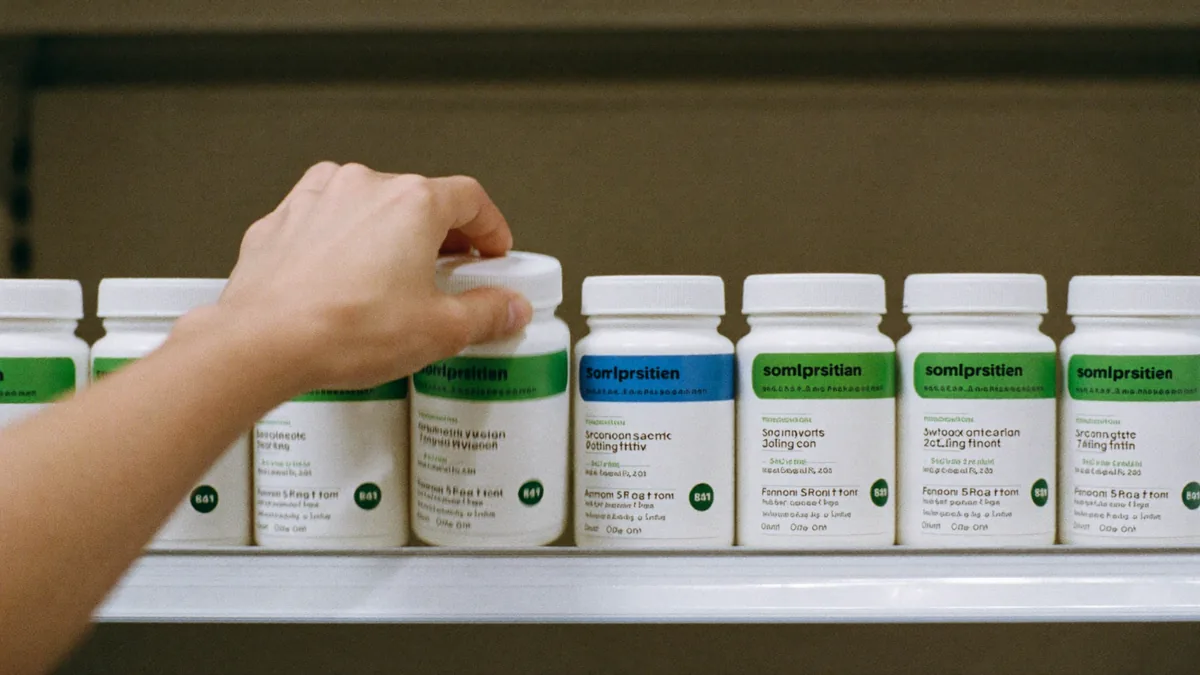 Hand reaching for a plain supplement bottle on a pharmacy shelf of generic vitamins