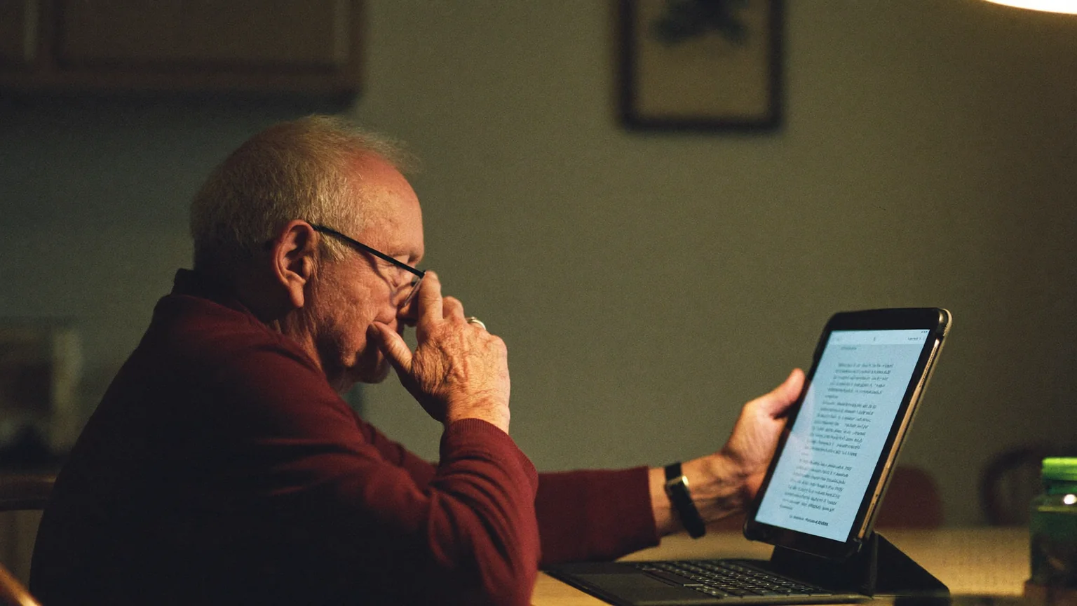 Man in his late 60s reading a phone in a dim living room, the screen glow lighting his reading glasses