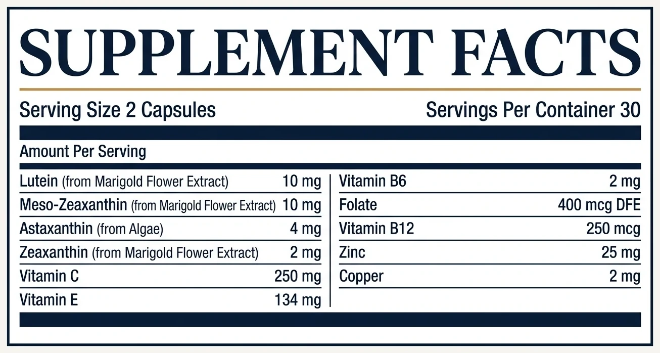 Klaris Supplement Facts label: serving size 2 capsules, 30 servings, with lutein, meso-zeaxanthin, astaxanthin, zeaxanthin, vitamins C, E, B6, folate, B12, zinc and copper