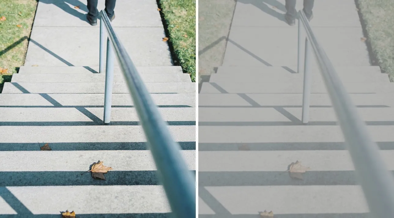 Stair edges seen with strong contrast versus flattened contrast