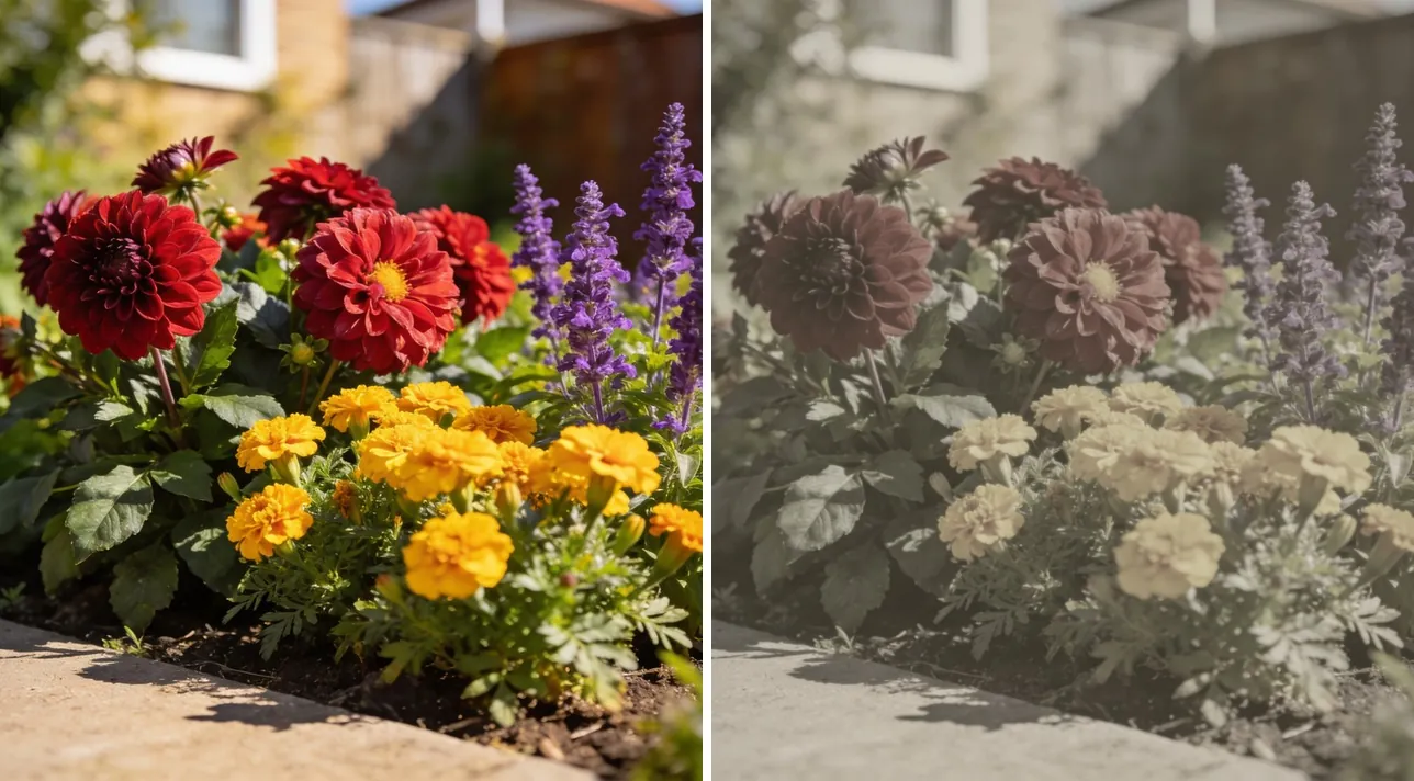 A colourful scene seen saturated versus desaturated