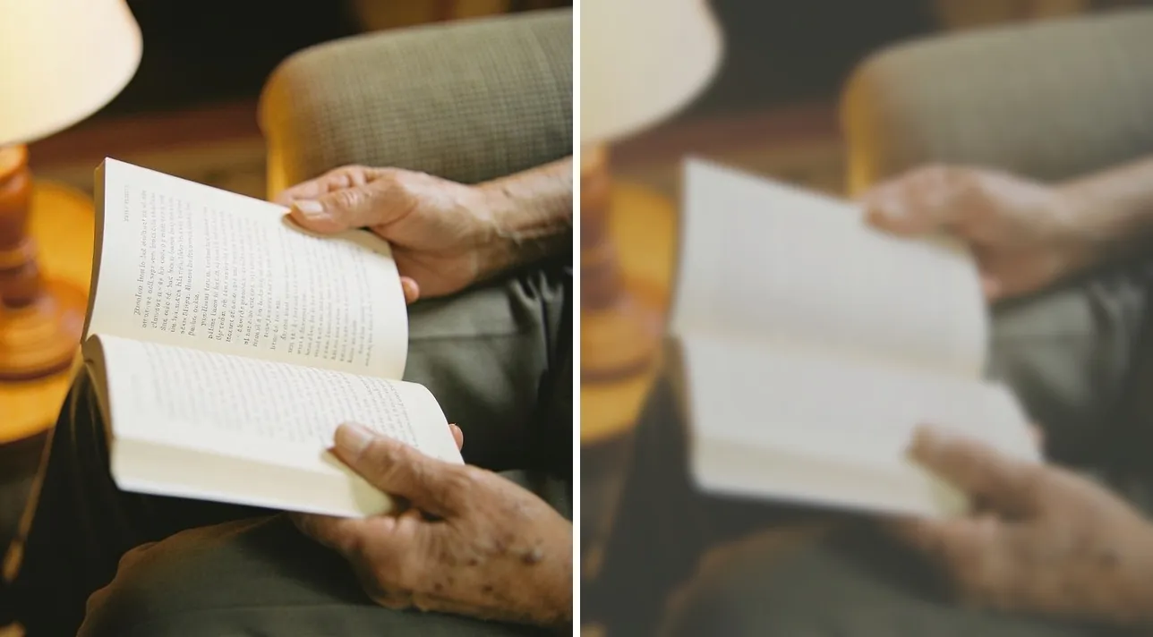 Small printed text seen crisply versus blurred
