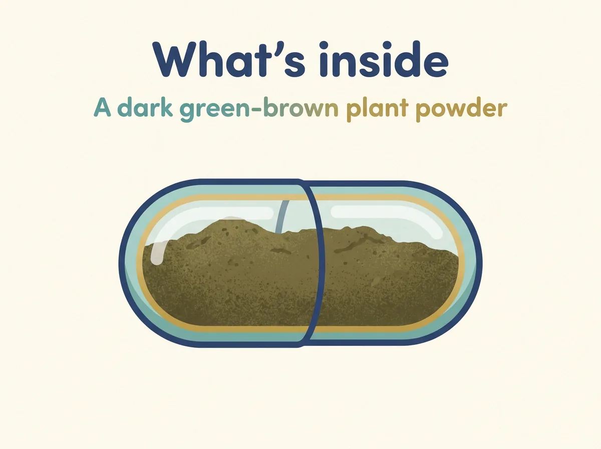 Illustration of a capsule filled with dark green-brown plant powder