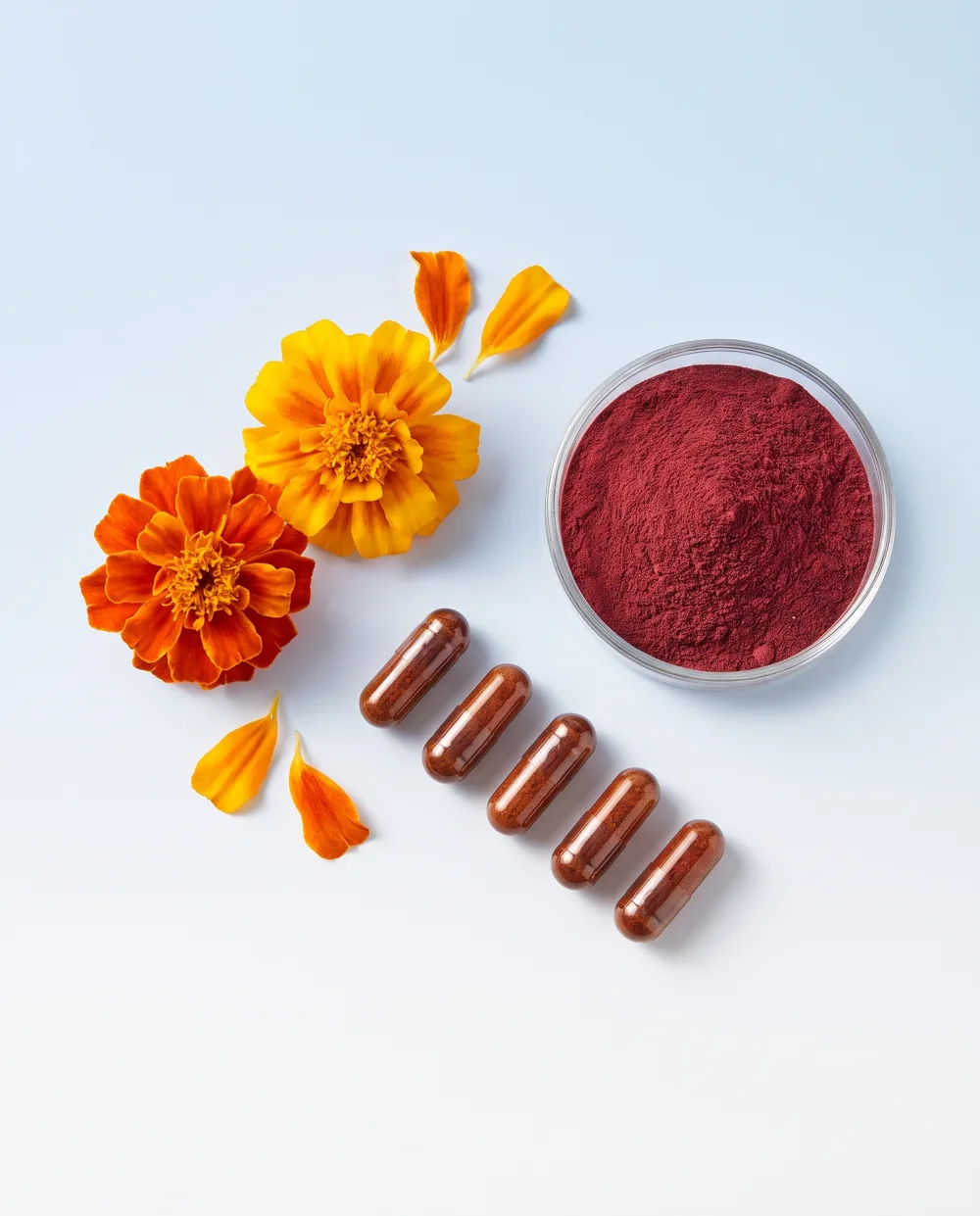 Marigold flowers, algae powder and Klaris capsules